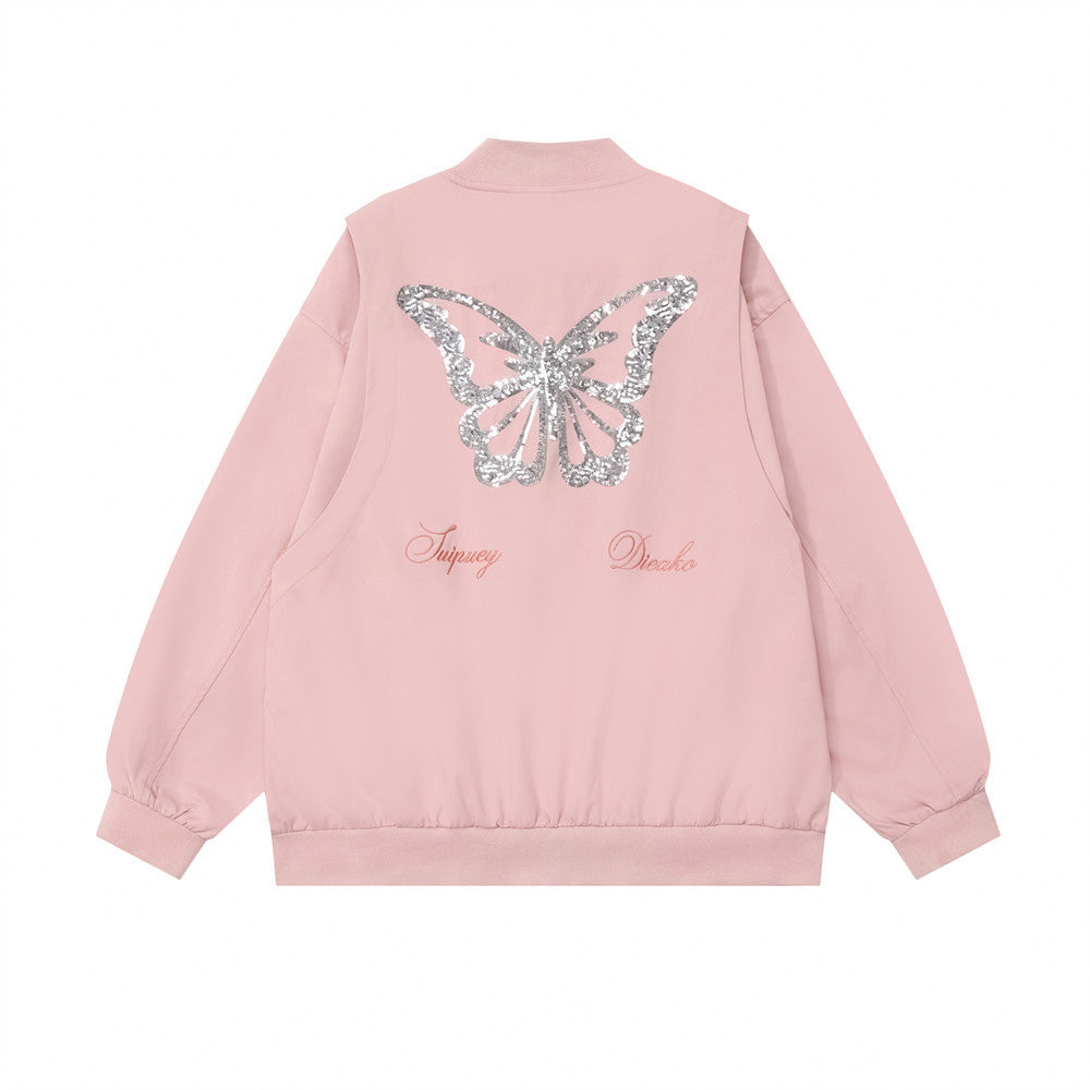Design Sequined Embroidered Butterfly Baggy Coat Baseball Uniform
