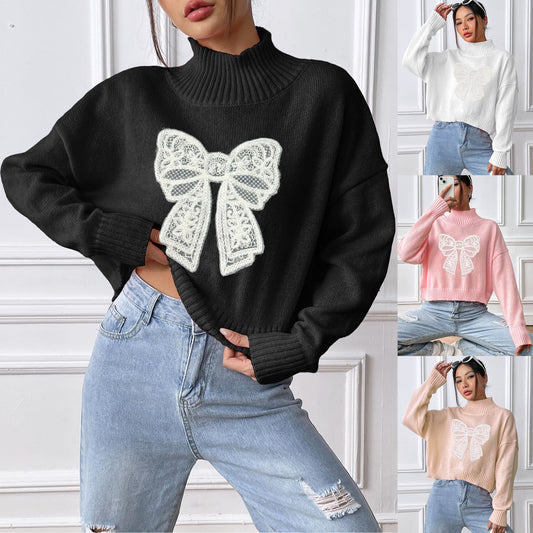 Women's Short Top Turtleneck Pullover Bow