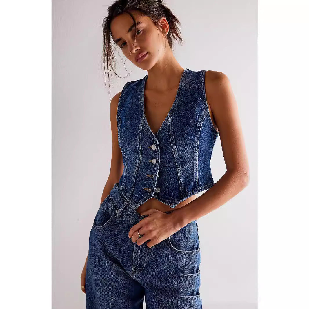 Women's Fashionable Casual V-neck Denim Top