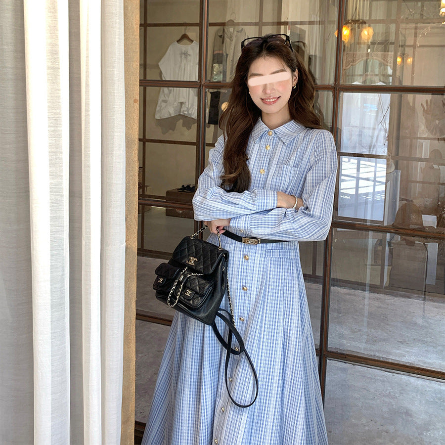 Fashionable Lace Blue Elegant Plaid Long-sleeved Shirt Dress