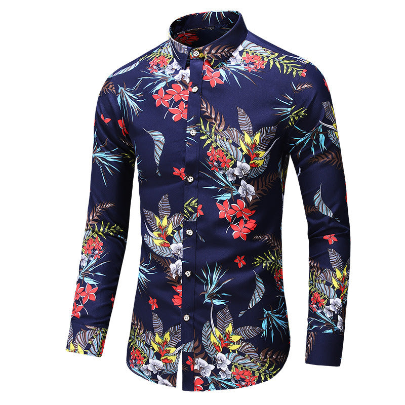 Men's Printed Long Sleeve Shirt Fashion Polo Collar
