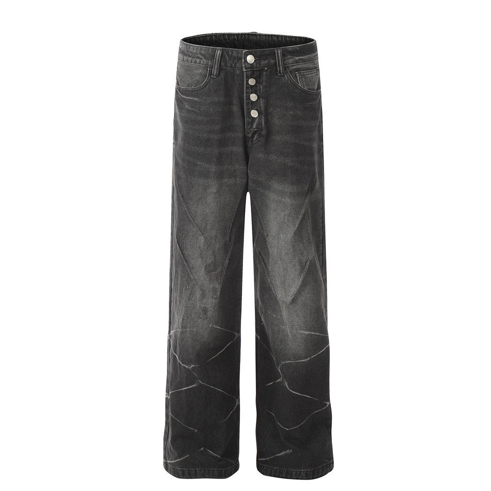 Men's Punk Old Wash Water Worn Out Loose Straight Trousers