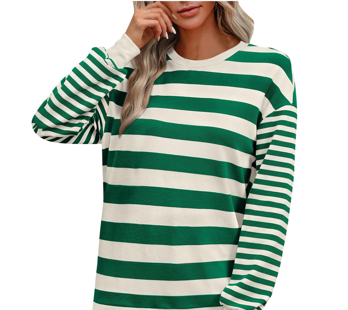 Striped Round Neck Contrast Color Loose Long Sleeve Sweatershirt Women