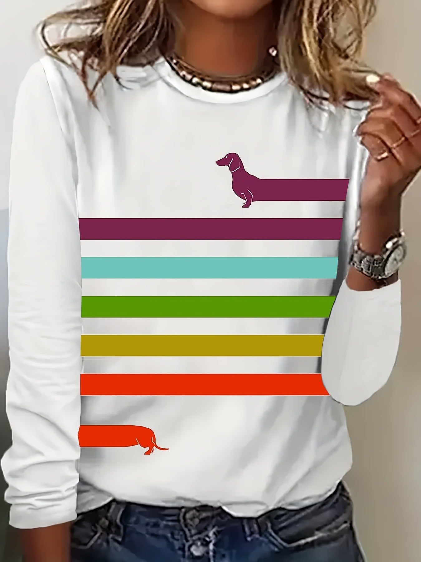 Dog And Striped Printed Round Neck T-shirt Spring And Autumn Casual Long Sleeve Top Women's Clothing