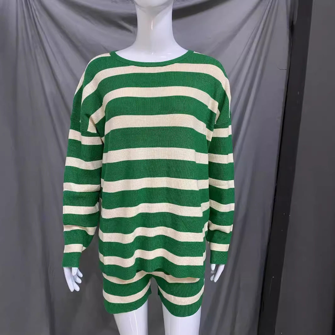 Women's Knitted Color Matching Suit Striped Long Sleeve