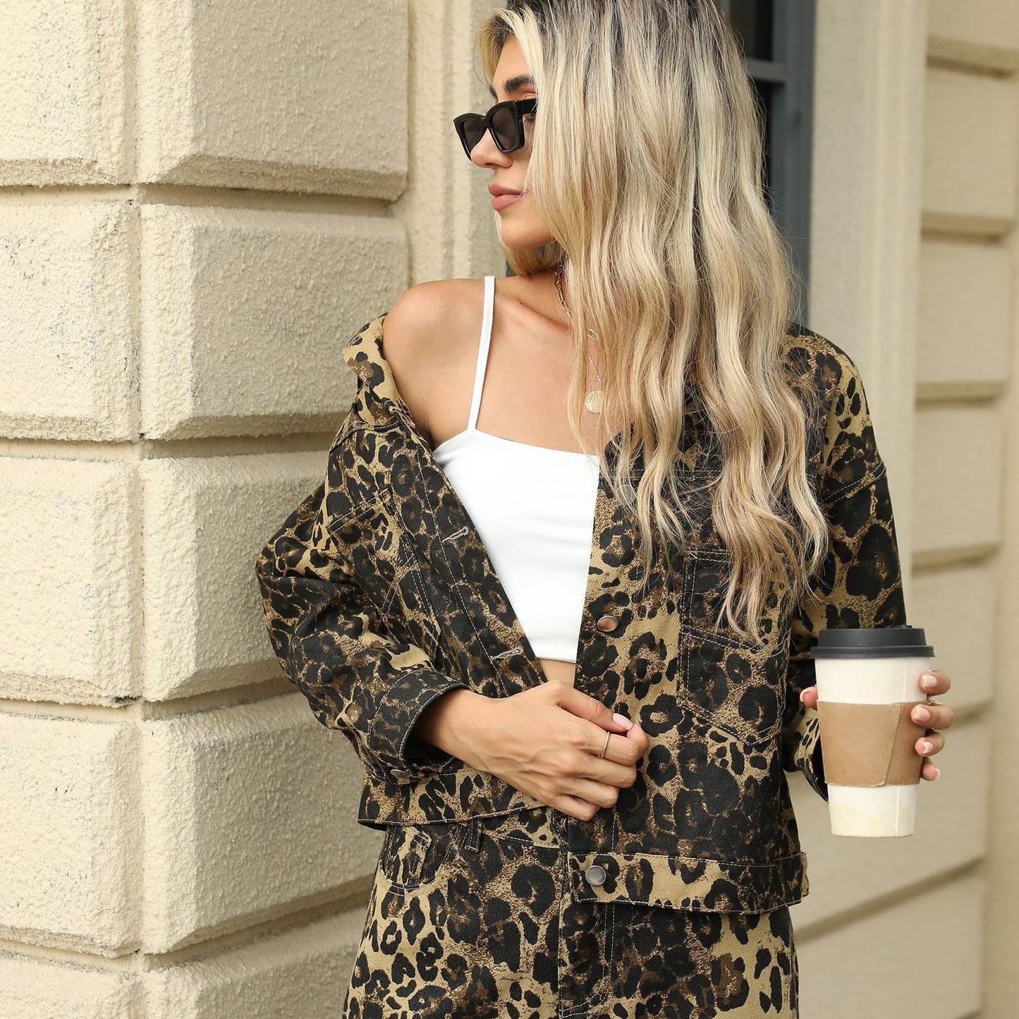 Washed Leopard Print Denim Coat Jacket