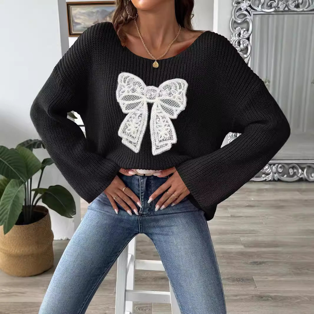 Bow Embroidery Patch Women's Pullover