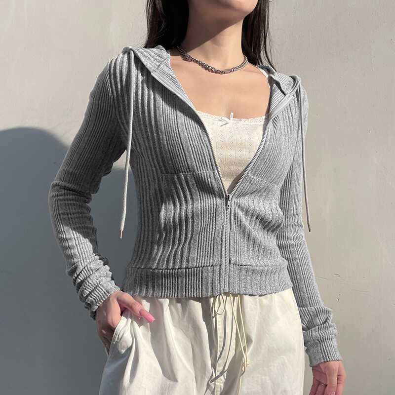 Autumn And Winter Gray With Zipper Cardigan Short Hooded Knitted Jacket