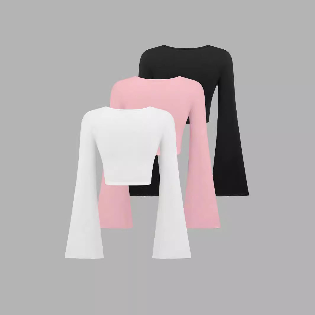 Fashion Solid Color Scoop Bell Sleeve Short Slim Fit Slimming T-shirt