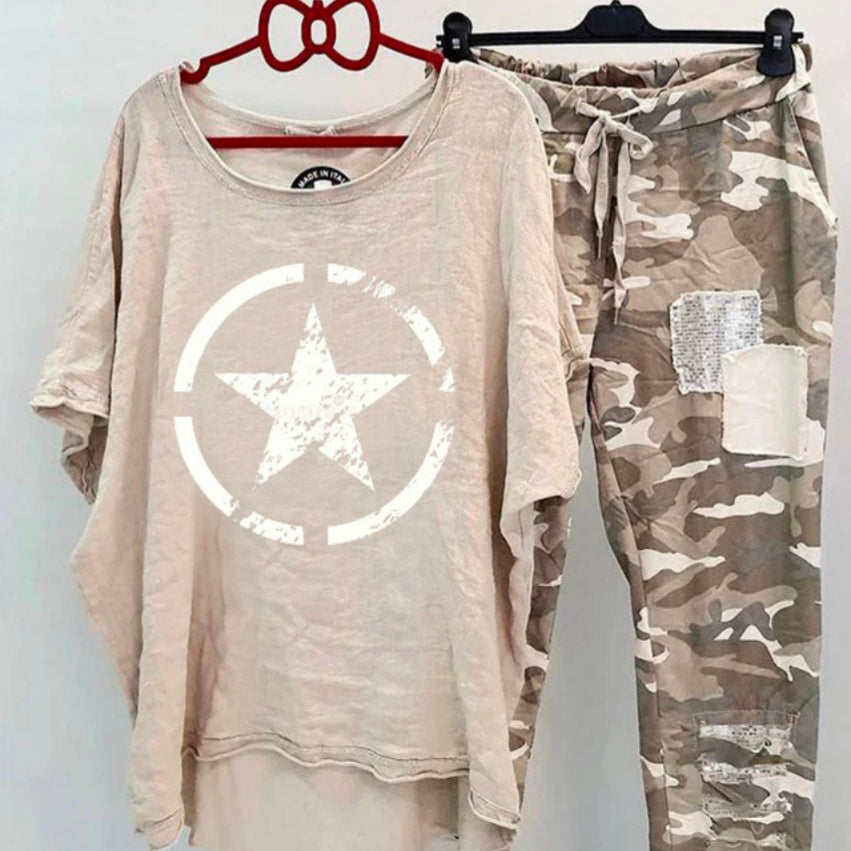 Casual Suit Women's Cotton And Linen Heat Transfer Patch Top Camouflage Printing Sweatpants