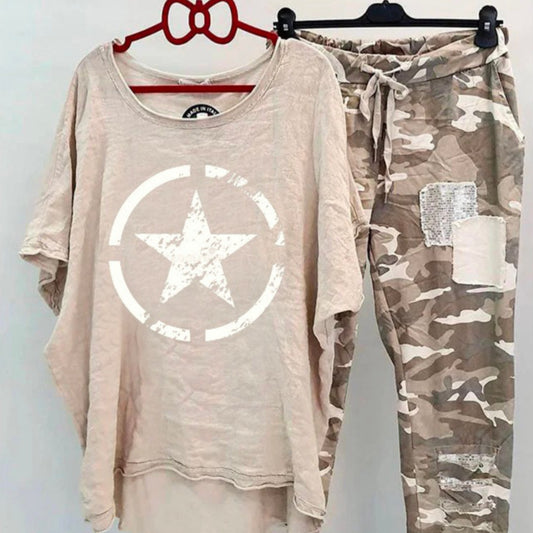 Casual Suit Women's Cotton And Linen Heat Transfer Patch Top Camouflage Printing Sweatpants