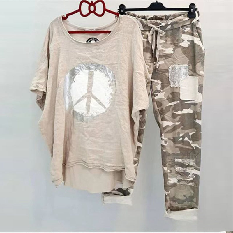 Casual Suit Women's Cotton And Linen Heat Transfer Patch Top Camouflage Printing Sweatpants