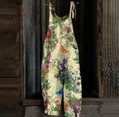 Women's Printed Street Hipster Fashion Multi-color Cotton And Linen Suspender Jumpsuit