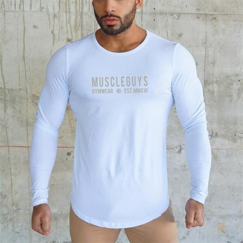 Men's Sports Cotton T-shirt Round Neck Circular Lower Hem Slim Bottoming Shirt