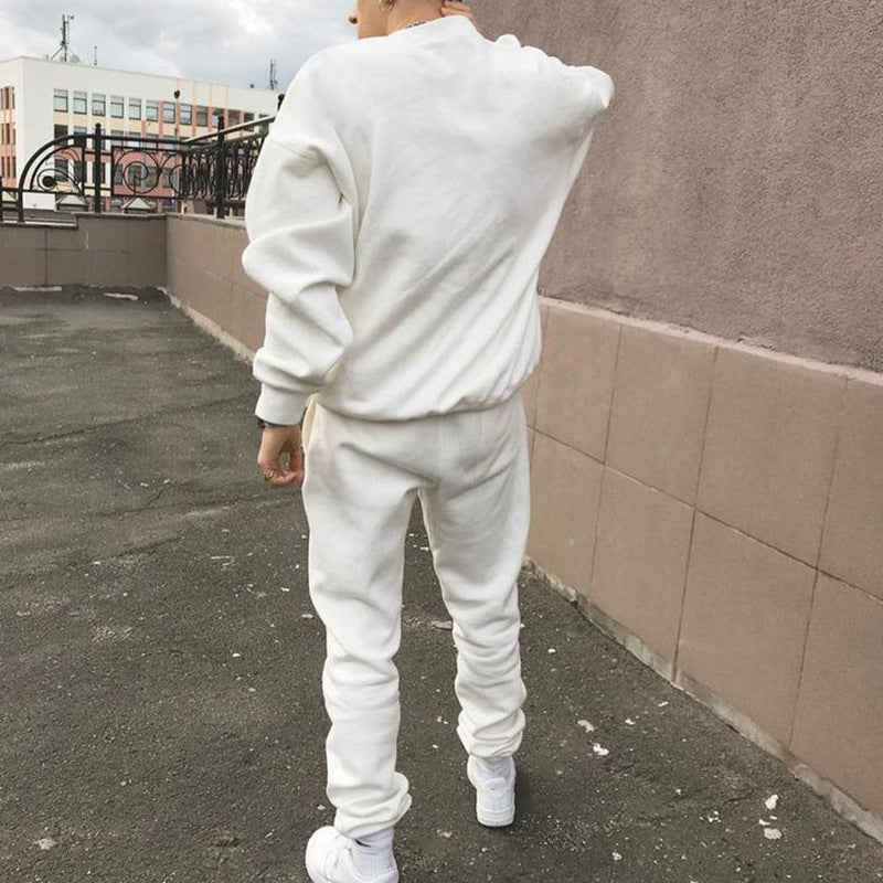 Solid Color Loose Trendy Round Neck Autumn Winter Sweater Suit Men