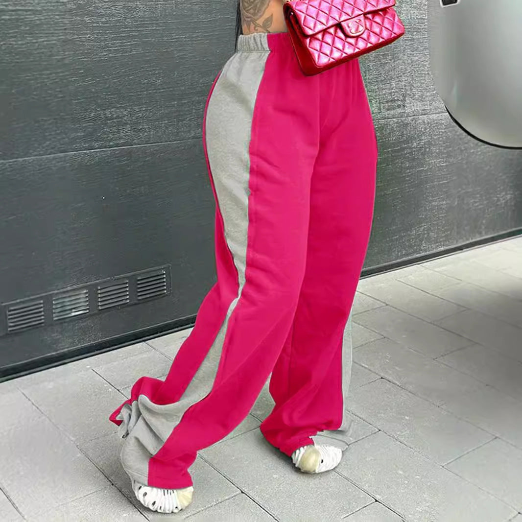 Women's Elastic Waist Colorblock All-matching Straight Wide Leg Sweatpants