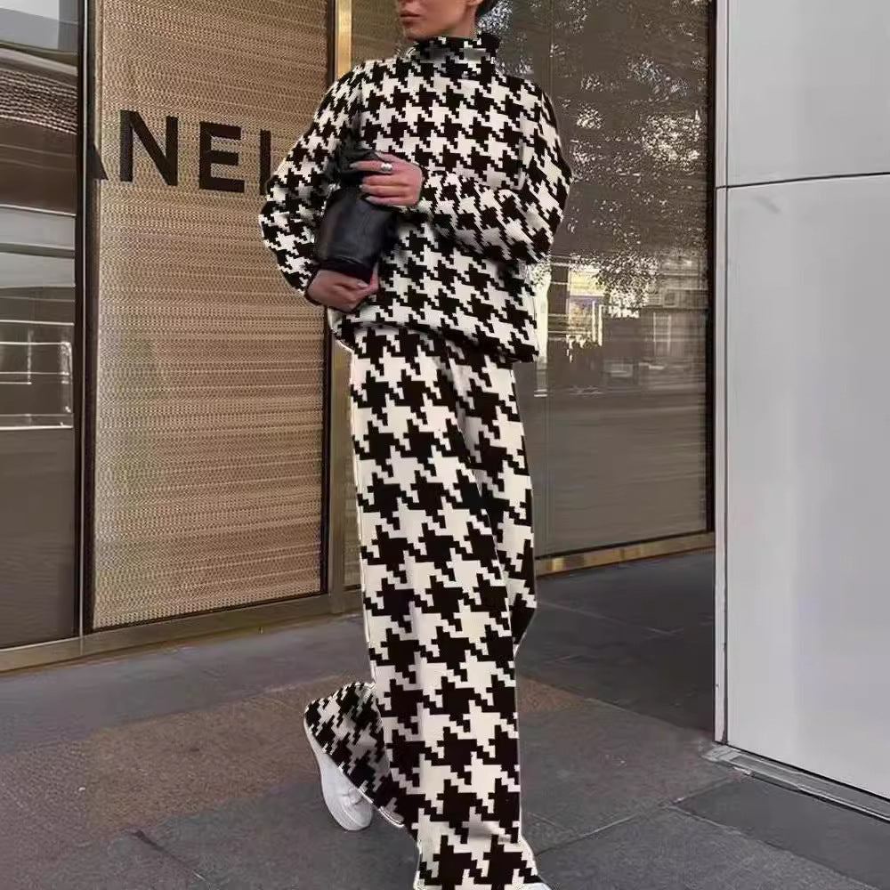 Women's Fashion Printed Loose High Collar Long-sleeved Two-piece Suit