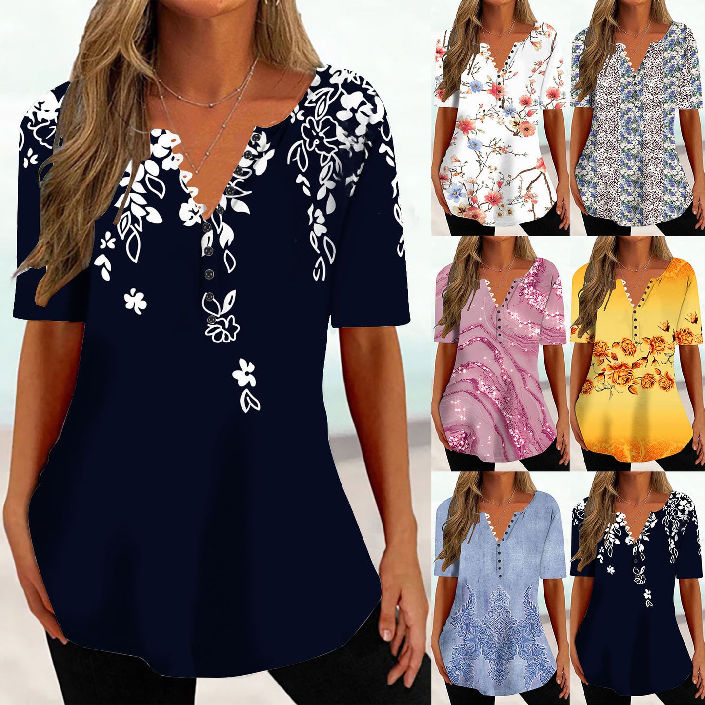 New Loose V-neck Gradient Color Short Sleeve Printed Top T-shirt