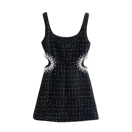 Women's Imitation Pearl Decorative Woolen Midriff Outfit Sling Dress