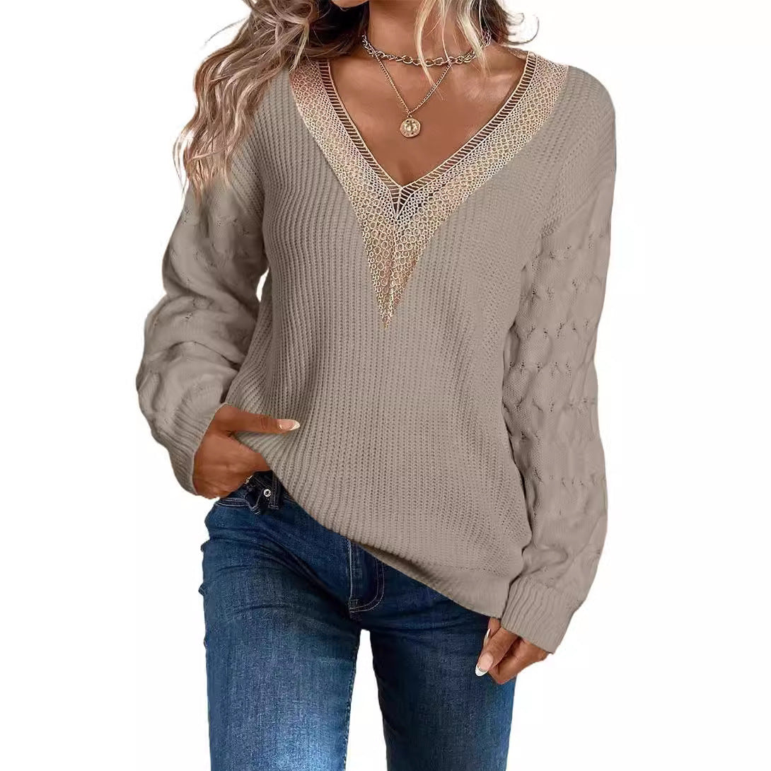 Sexy Lace V-neck Knitted Drop-shoulder Pullover Sweater Top