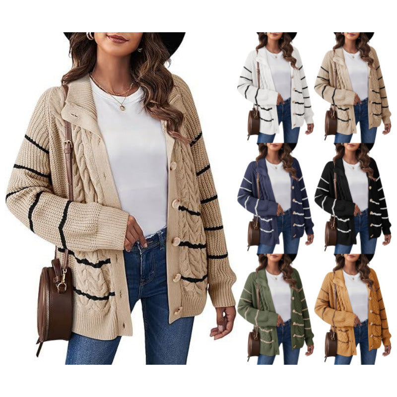 Striped Twist Knitted Button Cardigan
