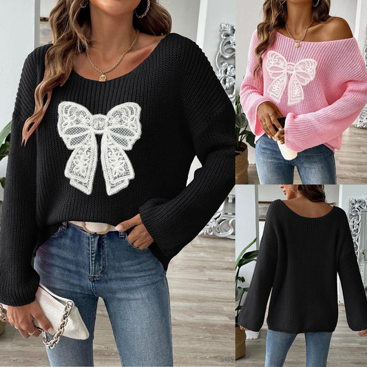 Bow Embroidery Patch Women's Pullover