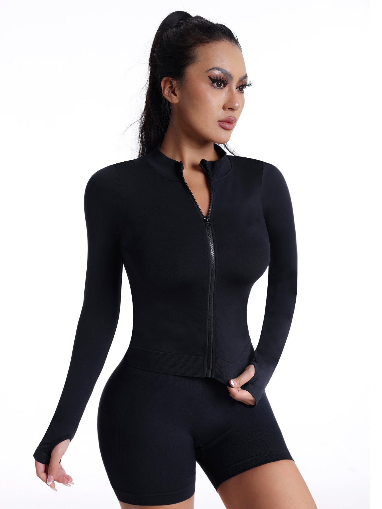 Seamless Zip-up Shirt Long Sleeve Sportswear Black