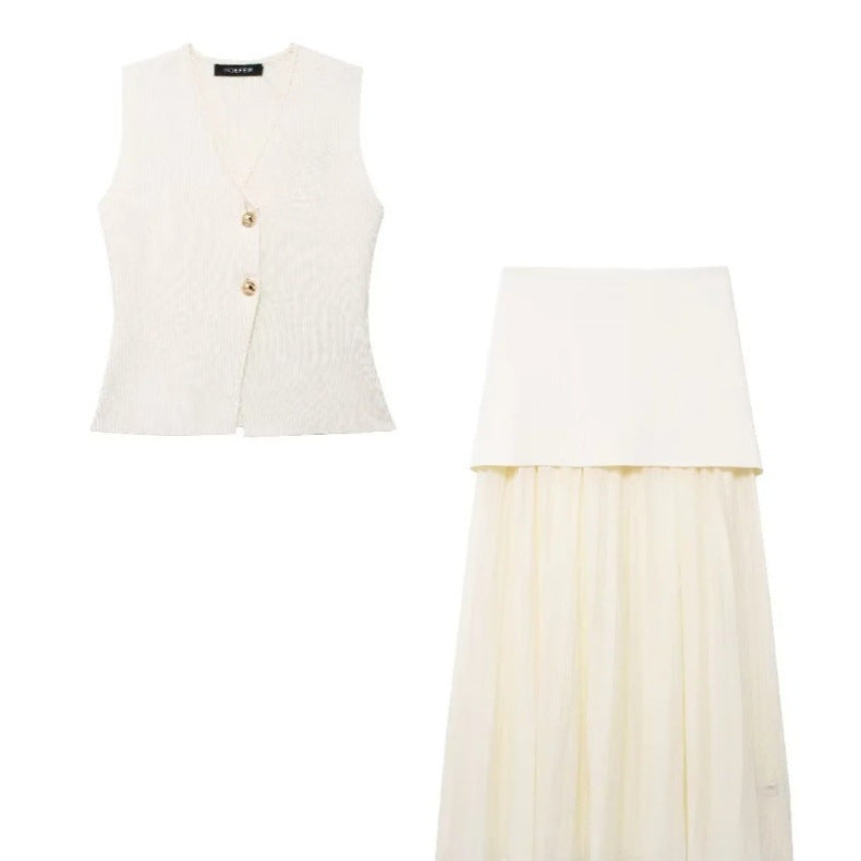 Women's Knitted Vest Splicing Long Skirt Set