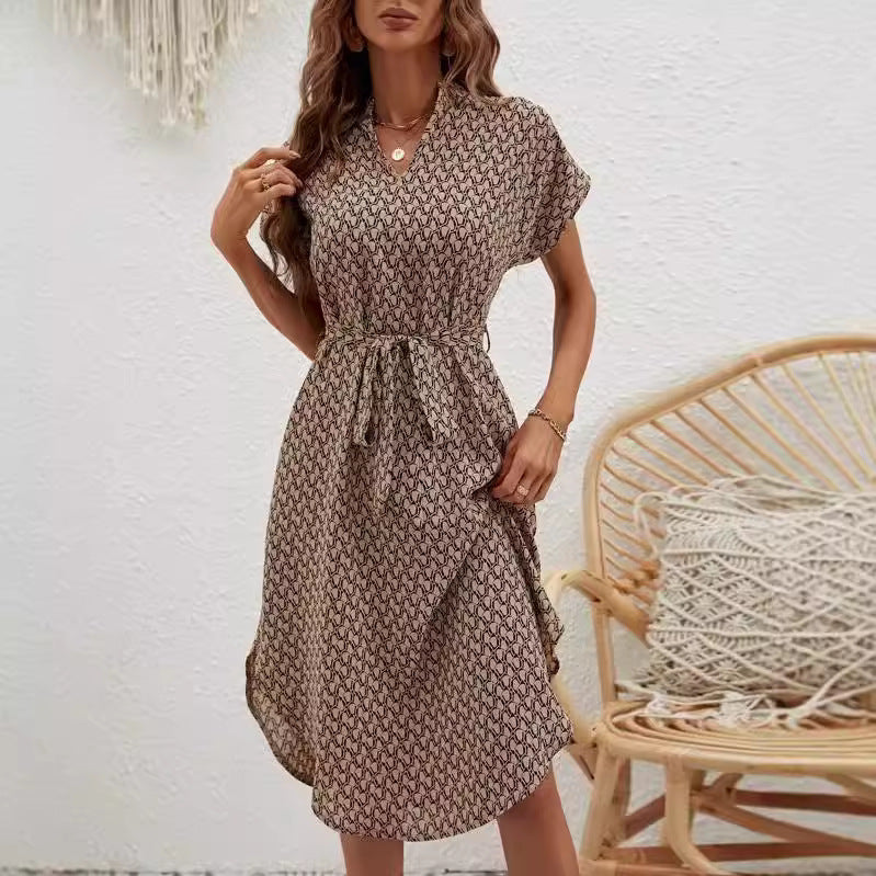 Fashion Printed Waist Control Sleeve V-neck Slim Dress