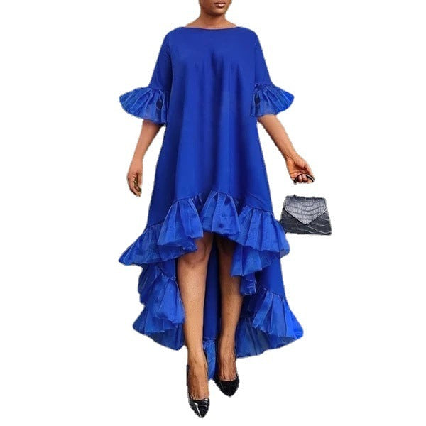 European And American Style Women 3-point Sleeve Irregular Hem Holiday Party Dress Lace Stitching Dress