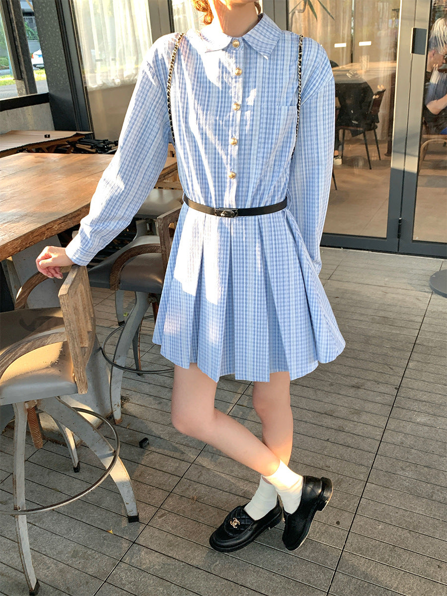 Fashionable Lace Blue Elegant Plaid Long-sleeved Shirt Dress