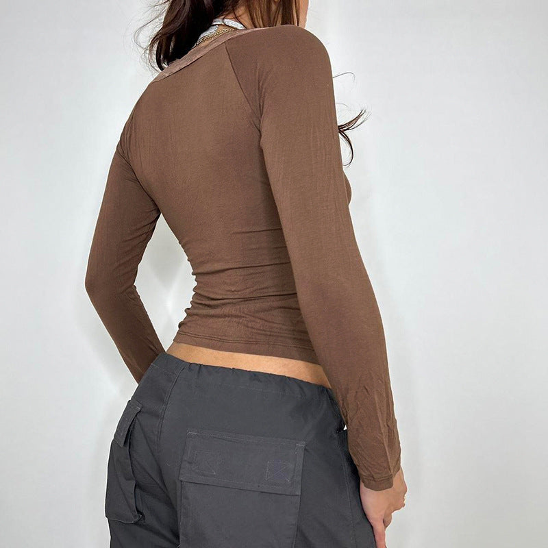 Retro Style V-neck Lace Lace Up Slim Fit Solid Color Underwear Top