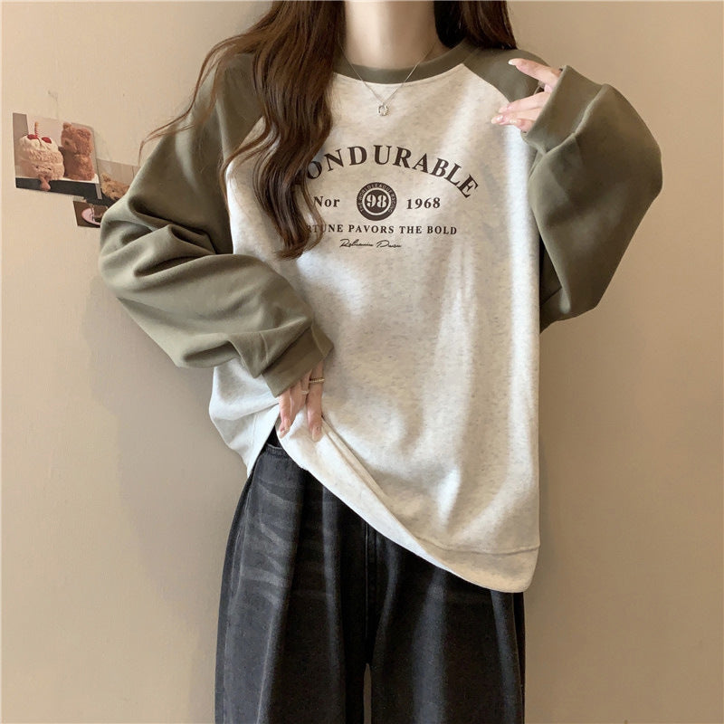 Contrast Color Raglan Long Sleeve Hooded Printed Women