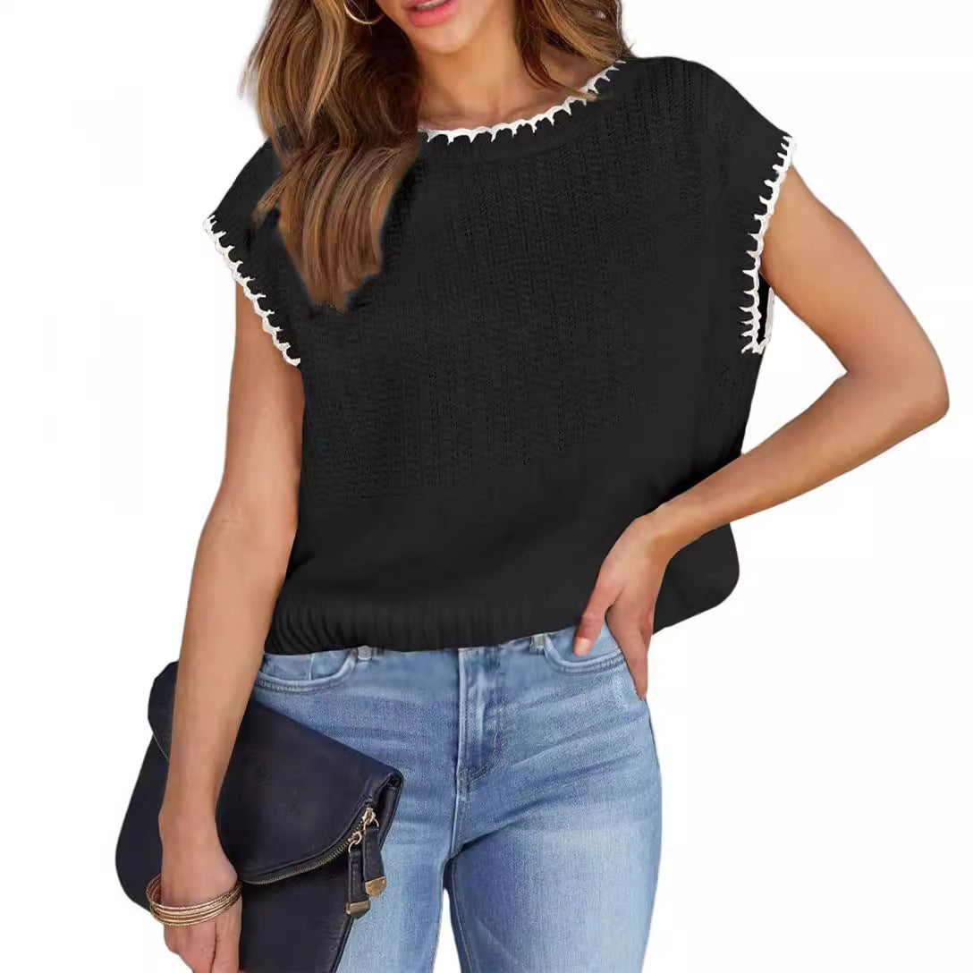 Round Neck Sweater Vest Casual Hat Sleeve Knitted Lightweight Pullover Short Sleeve