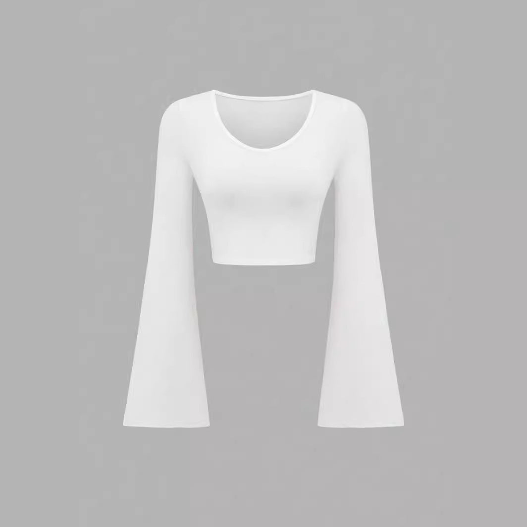 Fashion Solid Color Scoop Bell Sleeve Short Slim Fit Slimming T-shirt