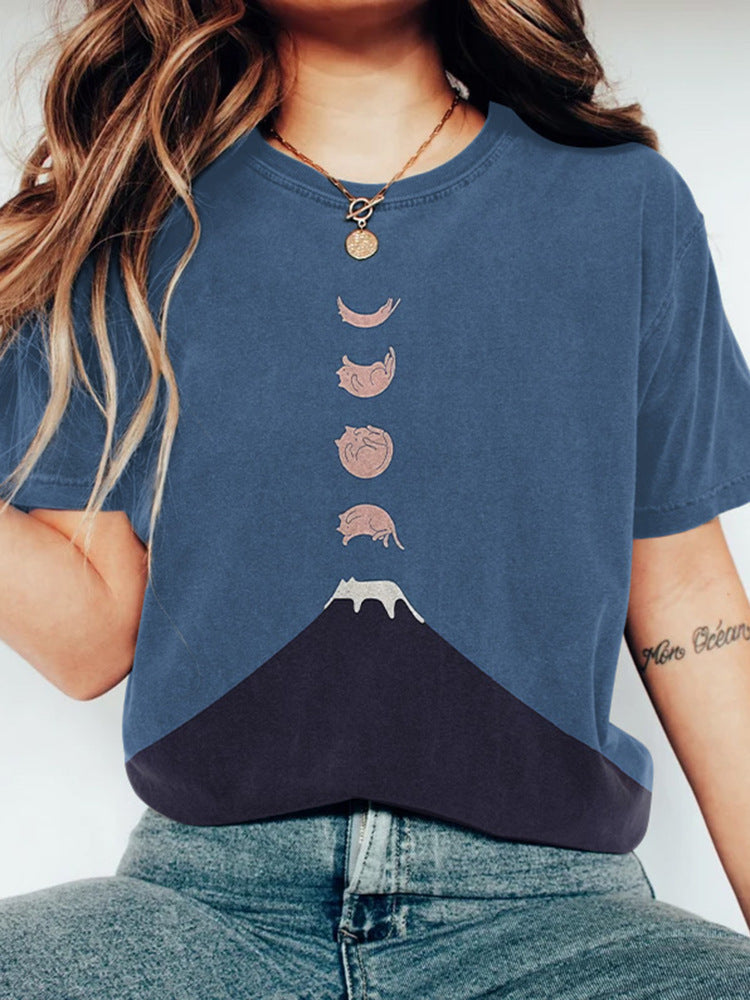 Women's Printed Round Neck Pullover Short Sleeved Shirt
