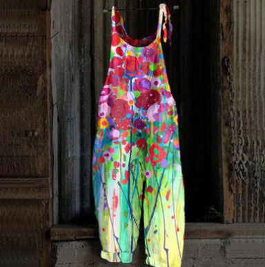 Women's Printed Street Hipster Fashion Multi-color Cotton And Linen Suspender Jumpsuit