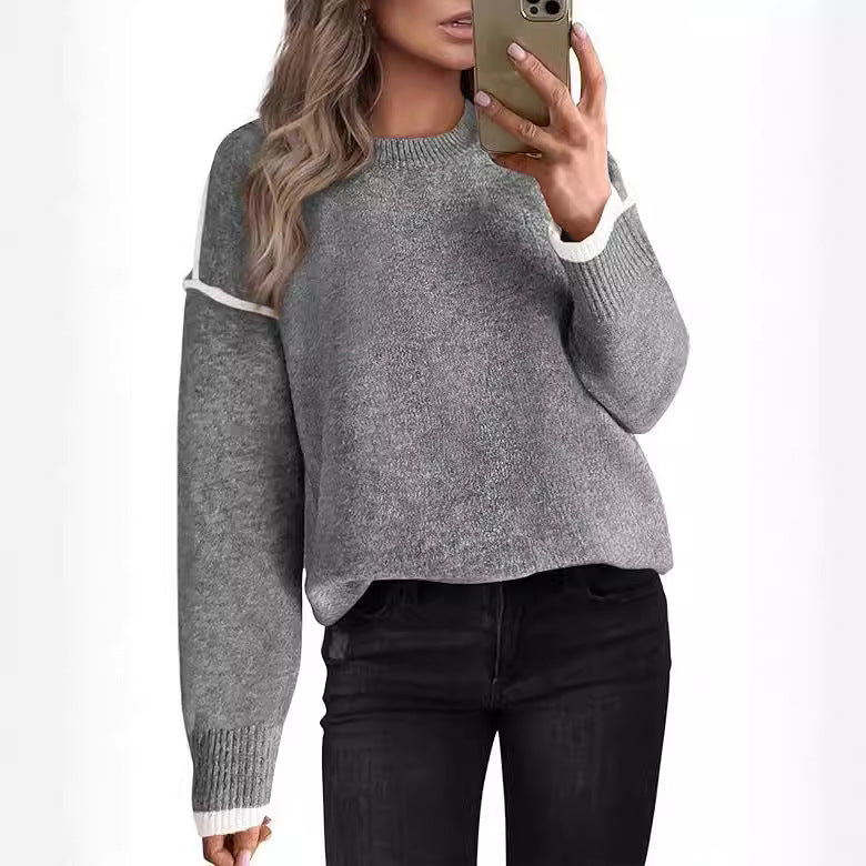 Women's Knitted Sweater With Round Neck Multicolor Cuffs