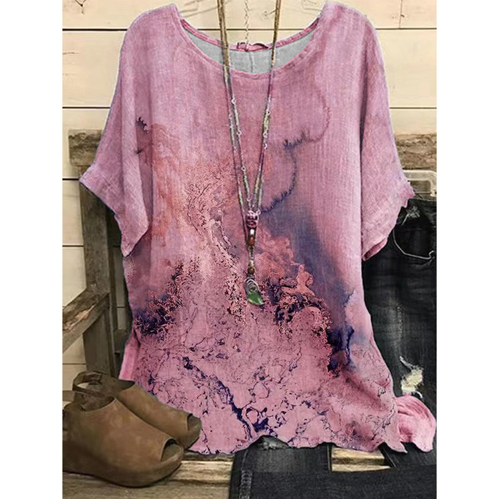 Loose Casual Print Round Neck T-shirt For Women