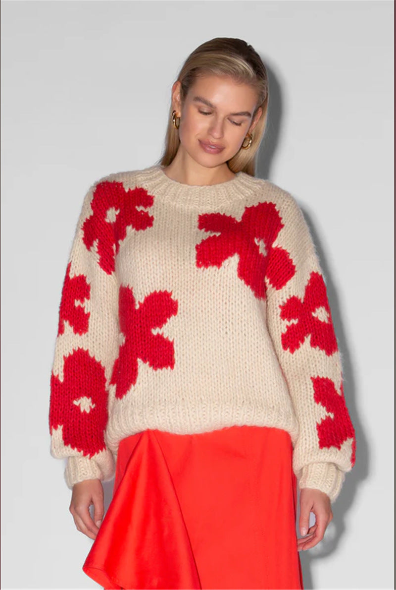 New Pullover Knitted Sweater Fashion Round Neck Flower Sweater