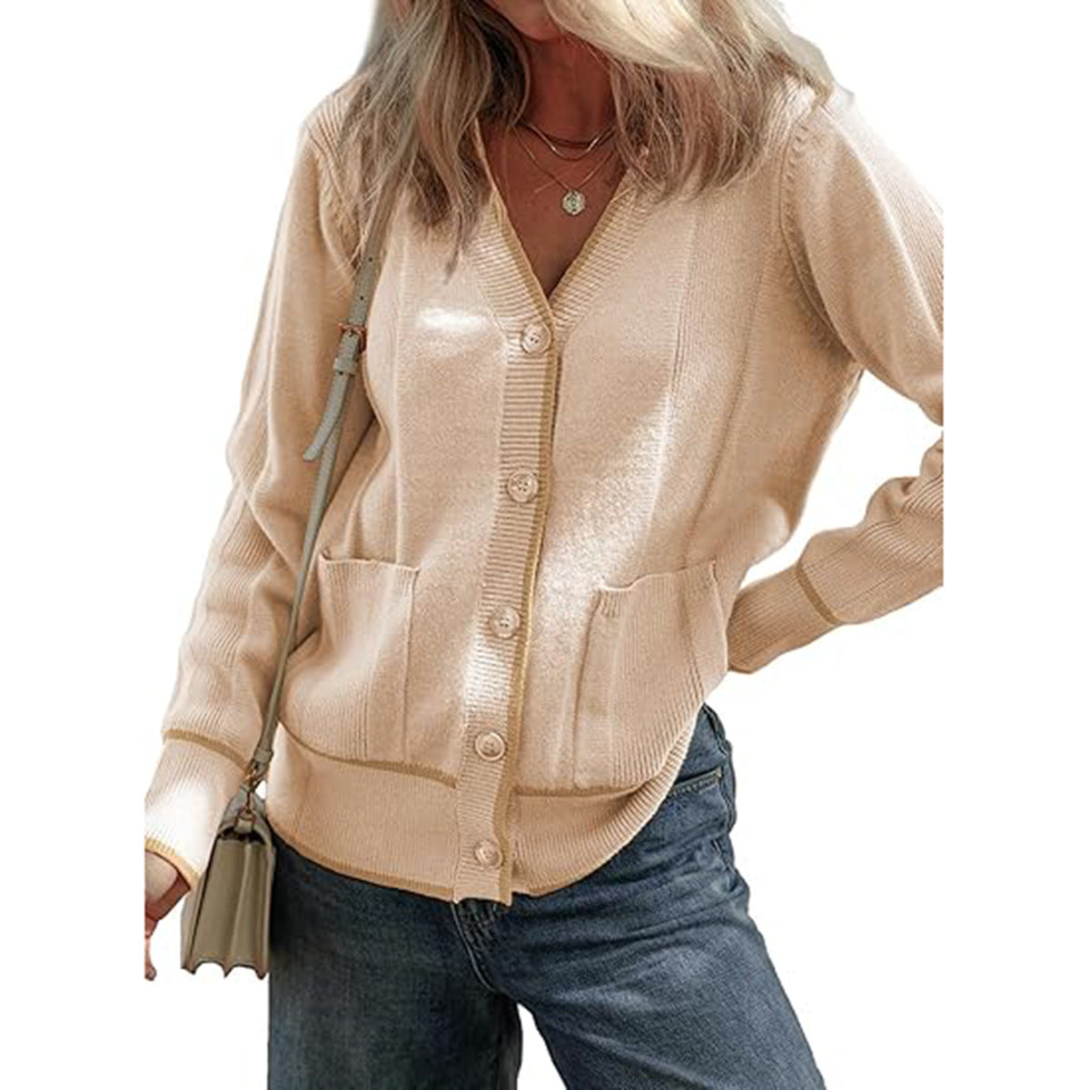 Women's Knitted Button Coat Color Matching Sweater
