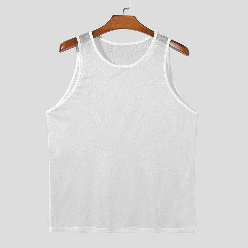 Men's Sports Pure Color Mesh Top Lightweight Sleeveless Slim Fit Sexy See-through Vest