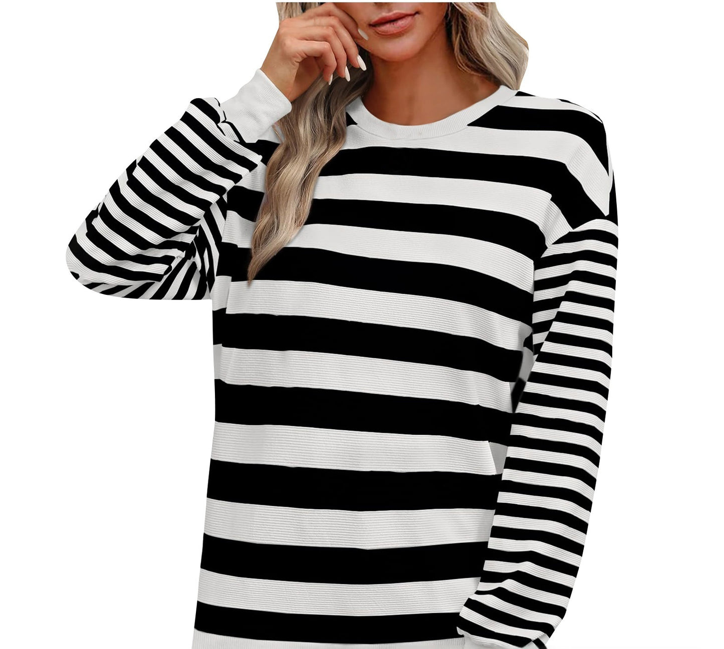Striped Round Neck Contrast Color Loose Long Sleeve Sweatershirt Women