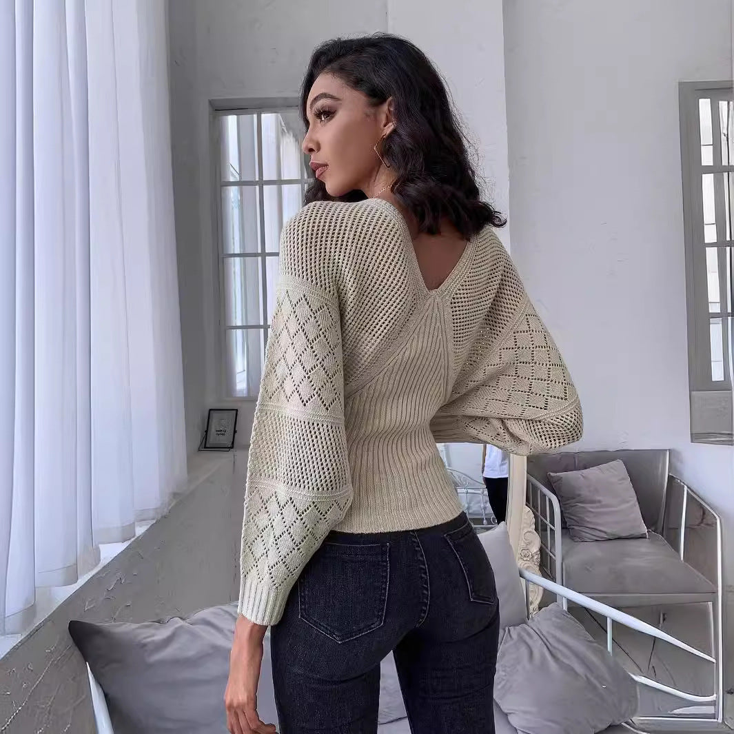 Hollow Pullover Long Sleeve V-neck Sweater For Women