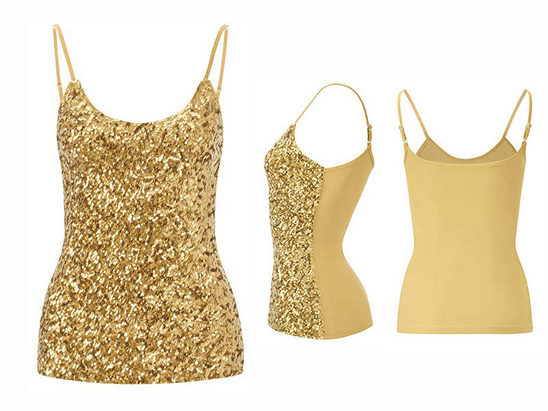 Summer Pure Color Sequins Sleeveless Sexy Round Neck Splicing Sling Vest