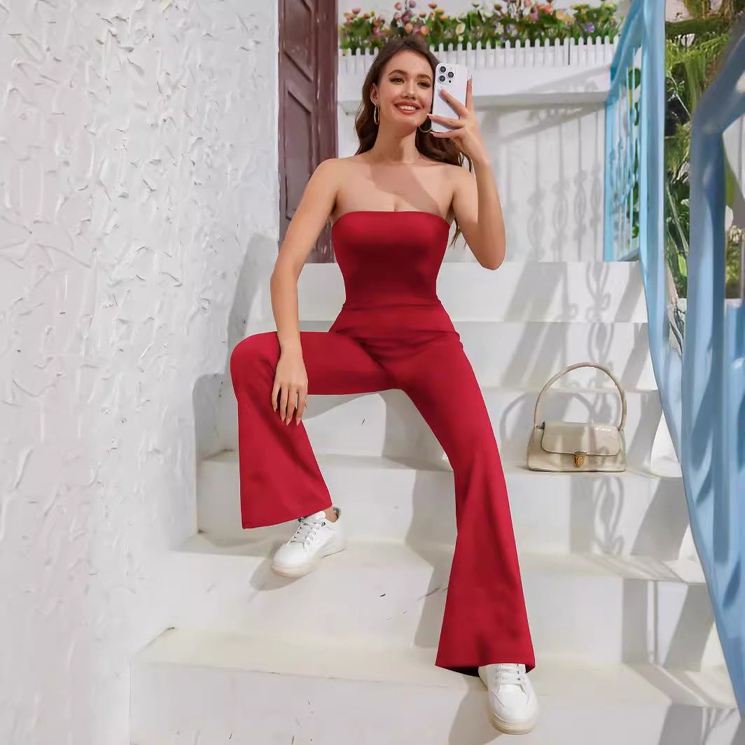 Solid Color Strapless Tube Top Flared Fit One-piece Trousers