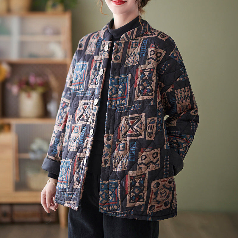 Floral Stand Collar Loose And Warm Cotton-padded Coat
