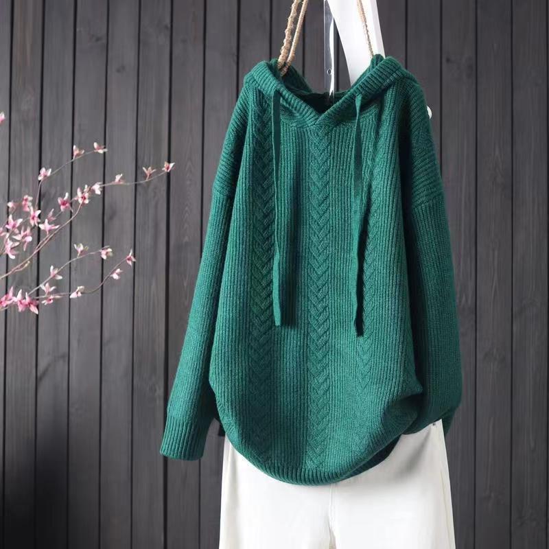 Solid Color Hooded Lacing Mid-length Knitwear Sweater