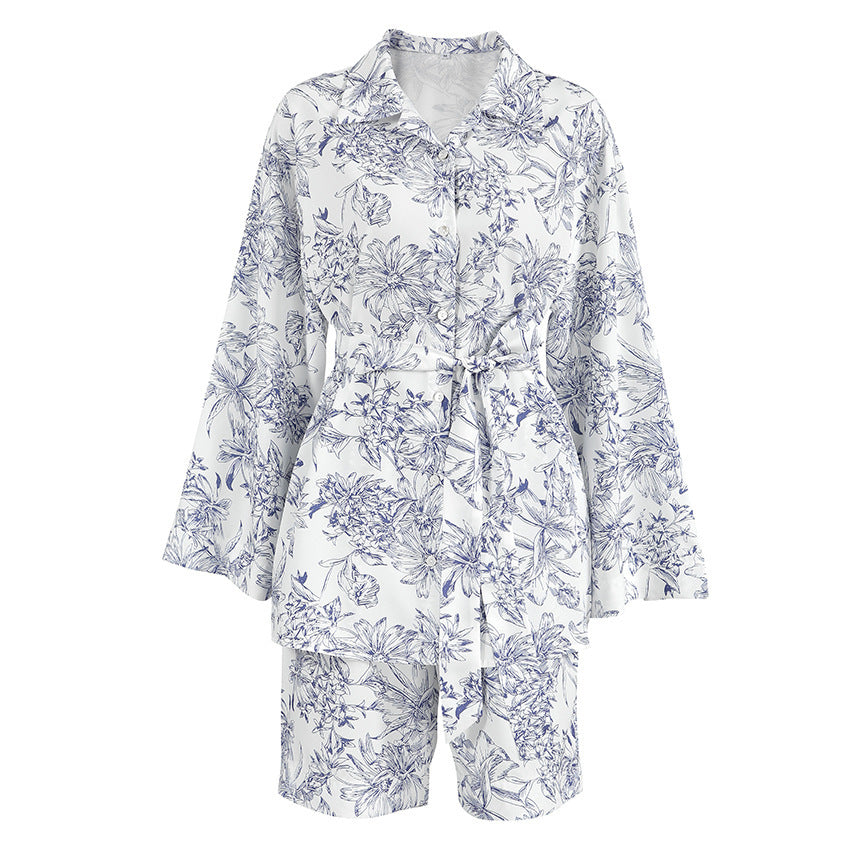 Women's Printed Lace-up Long Sleeve Shirt Loose Two-piece Suit