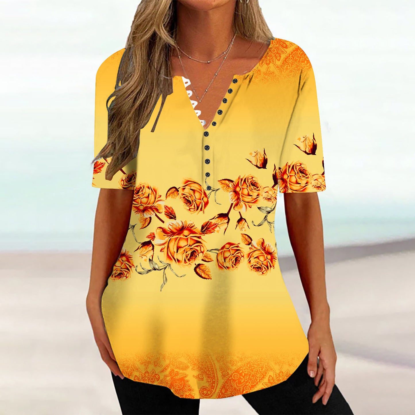 New Loose V-neck Gradient Color Short Sleeve Printed Top T-shirt
